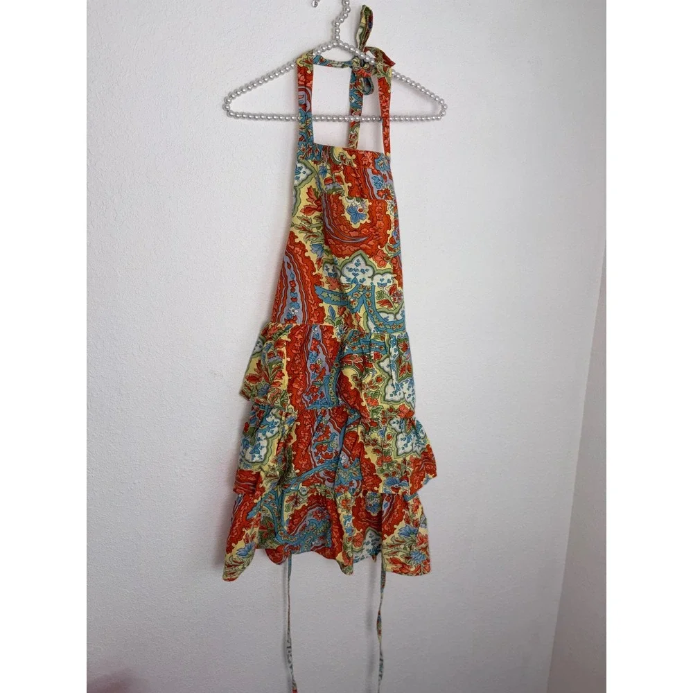 April Cornell Apron One Size Multi Paisley Floral Tiered Ruffle Cotton Excellent